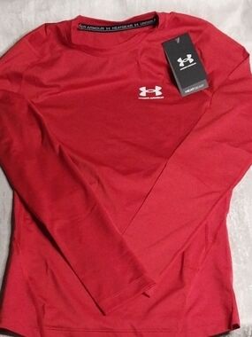 Under Armour Red Performance Long Sleeve Compression Tee with White Logo